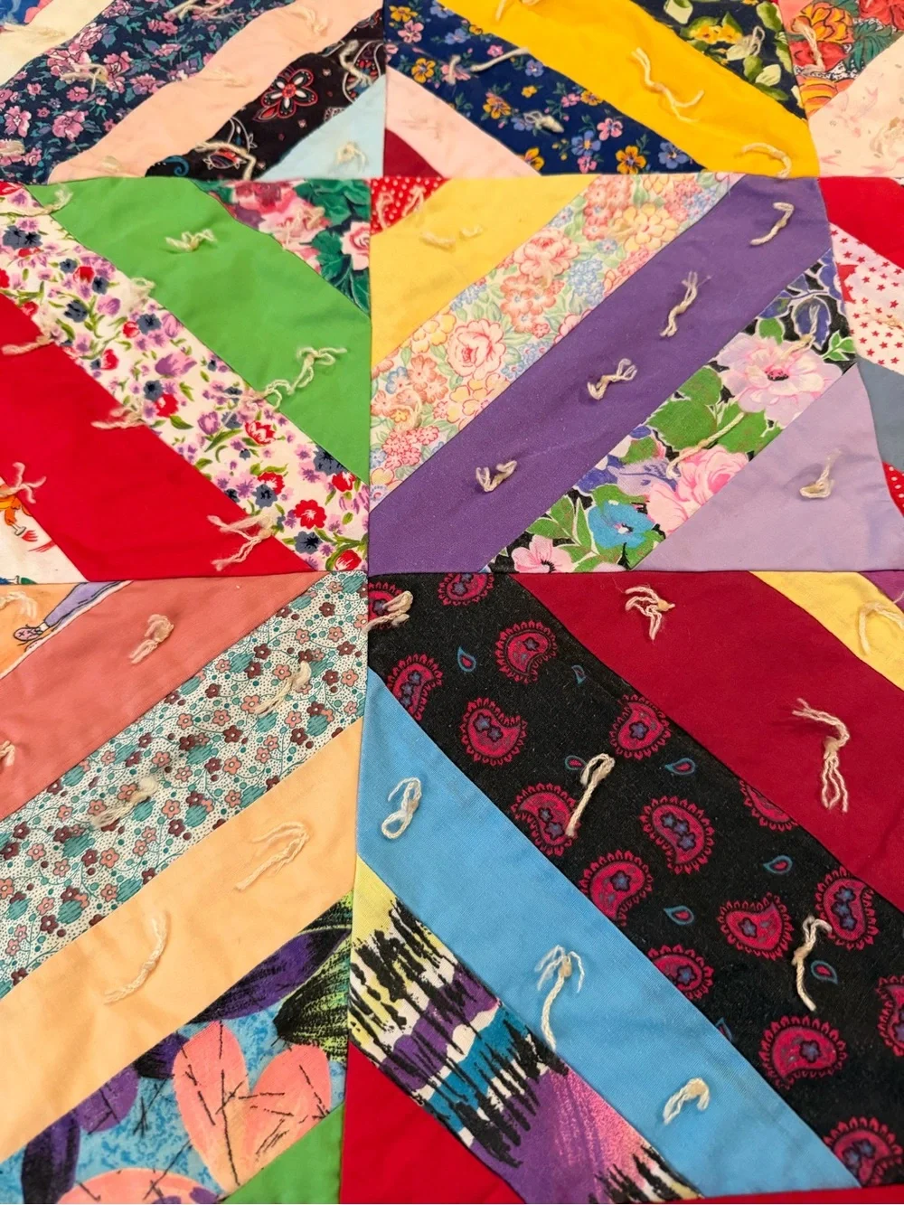 Vintage Multicolor Patchwork crazy quilt hand tied 74”x64” cotton farmhouse